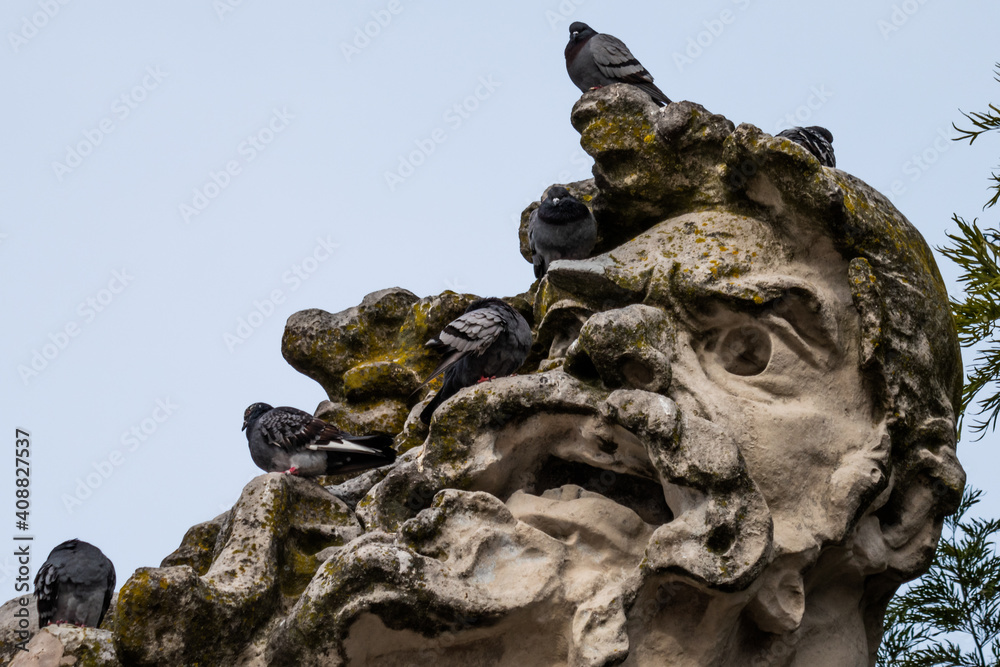 Obraz premium Statue in Lisbon with pigeons on it