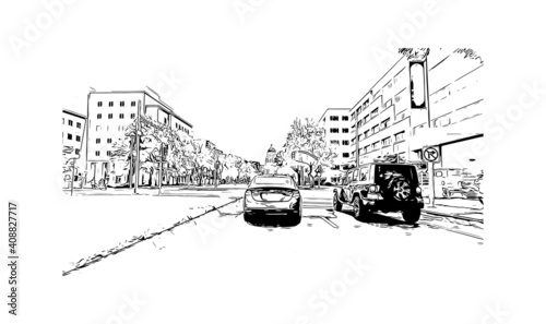 Building view with landmark of Sacramento is the
city in California. Hand drawn sketch illustration in vector.