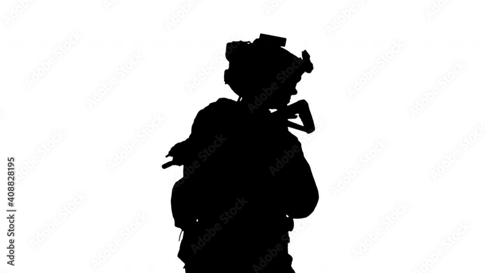 Fully Equipped Solder Holding Assault Rifle and Standing looking to the ...