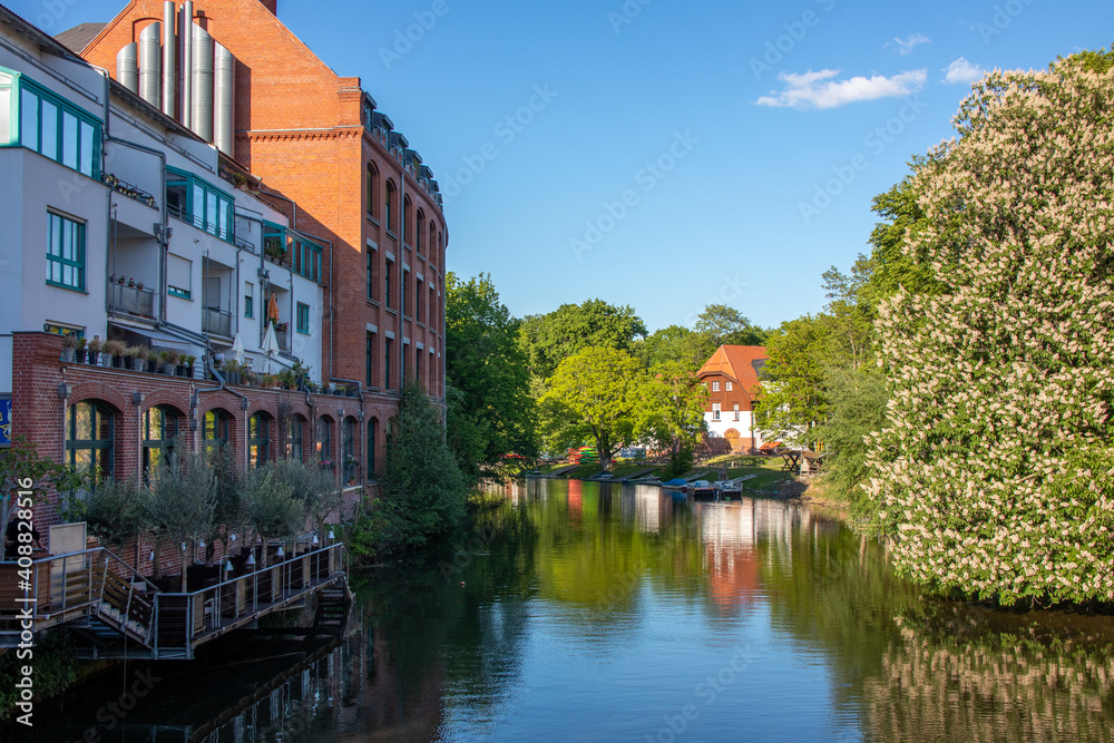 View of historic buildings on the Elster river in Leipzig's scene district Schleussig, Leipzig, Germany