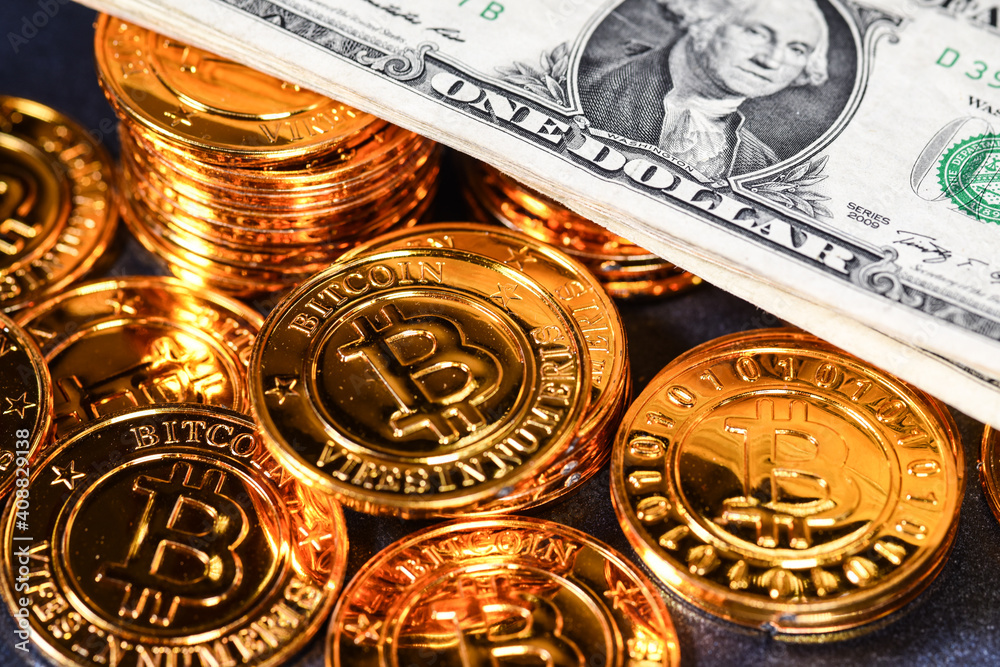 Finances argent bitcoin piece jeton valeur echange cryptomonnaie dollar  Stock Photo