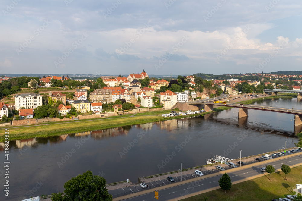Panorama of the city of Meissen with the river Elbe, Germany, Europe b