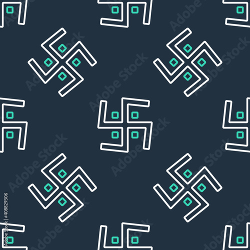 Line Hindu swastika religious symbol icon isolated seamless pattern on black background. Vector.