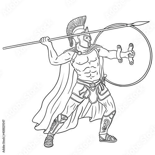 Ancient Roman warrior legionary with a spear and shield in his hands is standing ready to attack. Vector illustration isolated on white background.