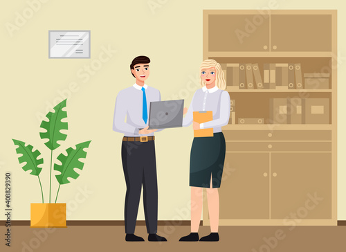 Office workers discussing matters. Businessman dressed in formal clothes with laptop talking. Business meeting and consideration of working issues at workspace. Woman talking to a man colleague