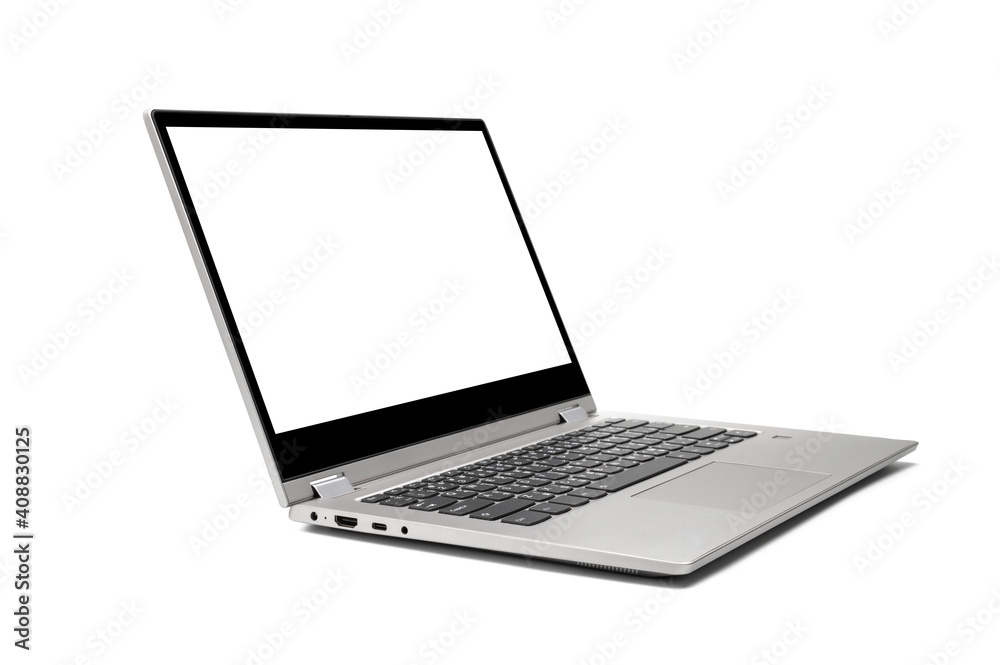 Silver gray color modern laptop (side view) with blank screen isolated on white background with clipping path Silver gray color modern laptop (side view) with blank screen isolated on white background with clipping path