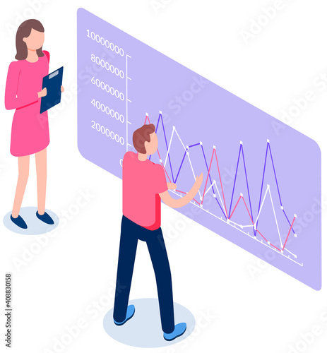 Bysiness people at work analyzing statistical indicators, checking report, developing sales strategy and financial growth. Template for business planning. Data analysis vector illustration isometric