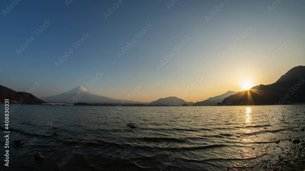 4K,Time lapse Sunset view at Lake Shirakawago and Mount Fuji in the background. 4K,Time lapse Sunset view at Lake Shirakawago and Mount Fuji in the background.