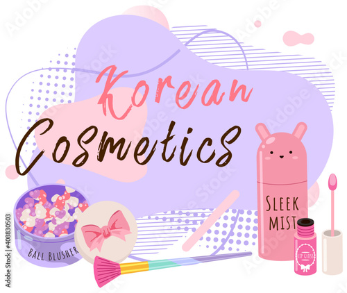 Korean cosmetics skin care and beauty banner. Vector illustration with cosmetic accessories. Beautiful banner with hand drawn doodle background. Skincare and Makeup. Beauty products fashion collection