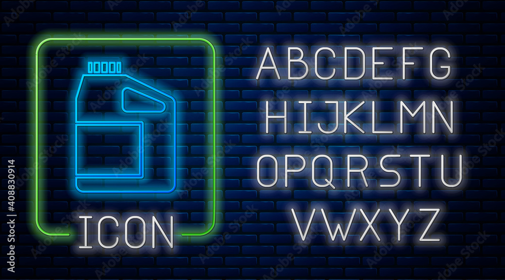 Glowing neon Canister for motor machine oil icon isolated on brick wall background. Oil gallon. Oil change service and repair. Engine oil sign. Neon light alphabet. Vector. Glowing neon Canister for motor machine oil icon isolated on brick wall background. Oil gallon. Oil change service and repair. Engine oil sign. Neon light alphabet. Vector.