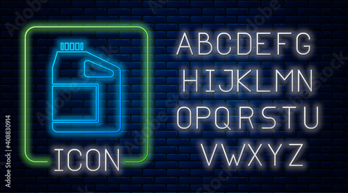 Glowing neon Canister for motor machine oil icon isolated on brick wall background. Oil gallon. Oil change service and repair. Engine oil sign. Neon light alphabet. Vector.