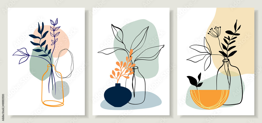 Abstract art line backgrounds, posters wall art set with flowers and plants in pots. Contemporary modern design, doodle shapes. Abstract art line backgrounds, posters wall art set with flowers and plants in pots. Contemporary modern design, doodle shapes.