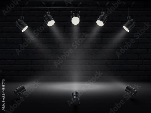 Spotlights with bright white light shining stage. Collections projectors with Illuminated effect . Set of projector for studio with brick wall. Vector illustration