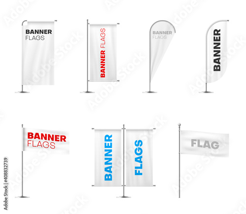 Banners flags on poles variety realistic mockups set. Advertising, branding design templates.
