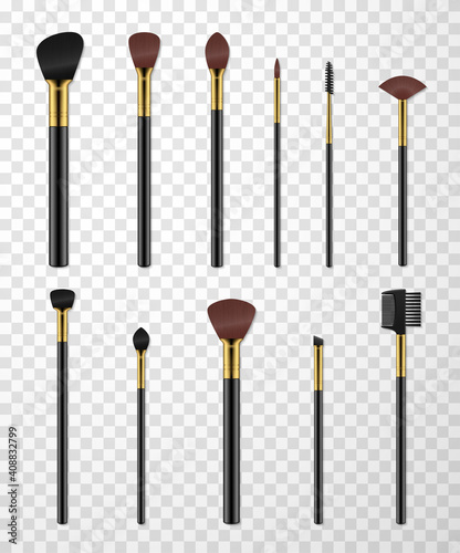 Makeup brushes, comb for eyebrows, spoolie with black plastic rods realistic set. Cosmetic tools.