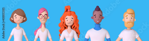 Collection of 3D avatars of young men and women in white t-shirts. Group of friendly diverse people standing together. Trendy 3d illustration
