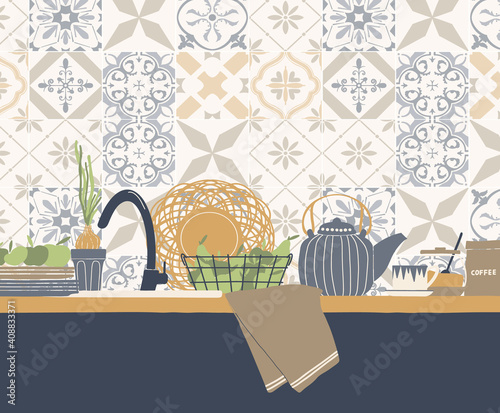 Abstract vector illustration of kitchen table and kitchenware. Geometric tiles on the wall