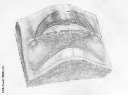 academic drawing - male lips, plaster cast fragment of David's face hand-drawn by graphite pencil on white paper