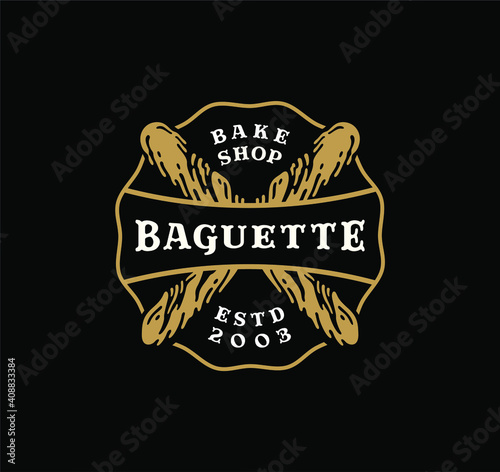 Logo badge of baguette bread in vintage design. bakery label design on black background