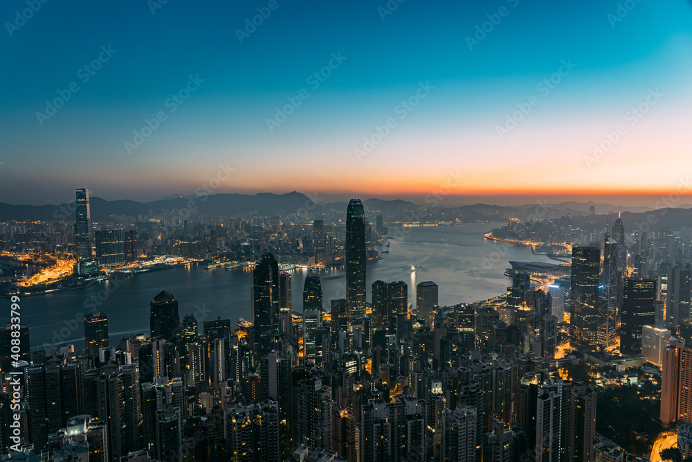 City skyline of Hong Kong during sunrise.