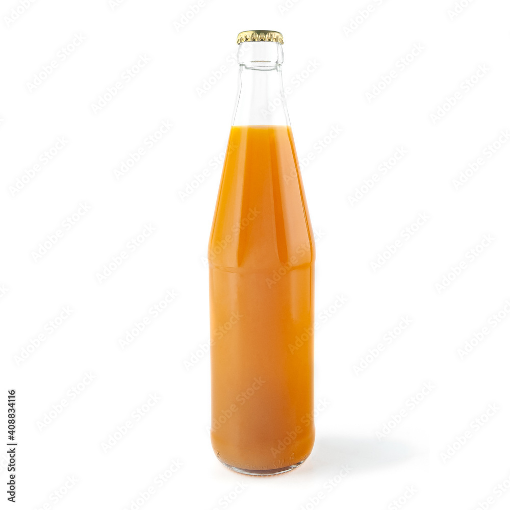 Sea buckthorn juice in a glass bottle. White background. Isolated. Sea buckthorn juice in a glass bottle. White background. Isolated.