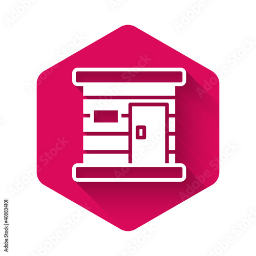 White Sauna wooden bathhouse icon isolated with long shadow background. Heat spa relaxation therapy bath and hot steam healthcare, relax therapy. Pink hexagon button. Vector.