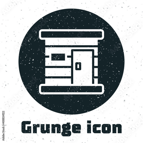 Grunge Sauna wooden bathhouse icon isolated on white background. Heat spa relaxation therapy bath and hot steam healthcare, relax therapy. Monochrome vintage drawing. Vector.