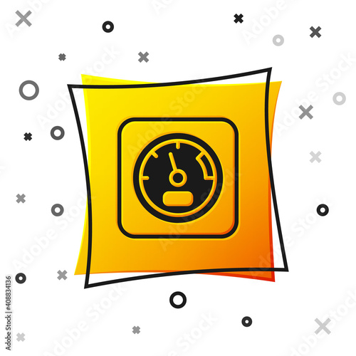 Black Sauna thermometer icon isolated on white background. Sauna and bath equipment. Yellow square button. Vector.