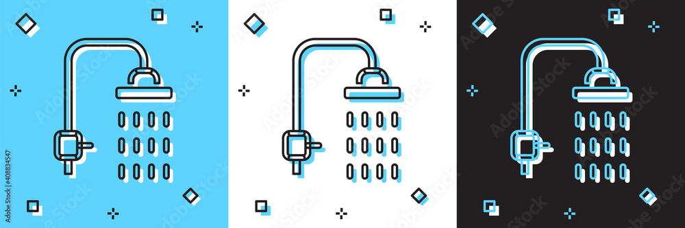 Set Shower head with water drops flowing icon isolated on blue and white, black background. Vector. Set Shower head with water drops flowing icon isolated on blue and white, black background. Vector.