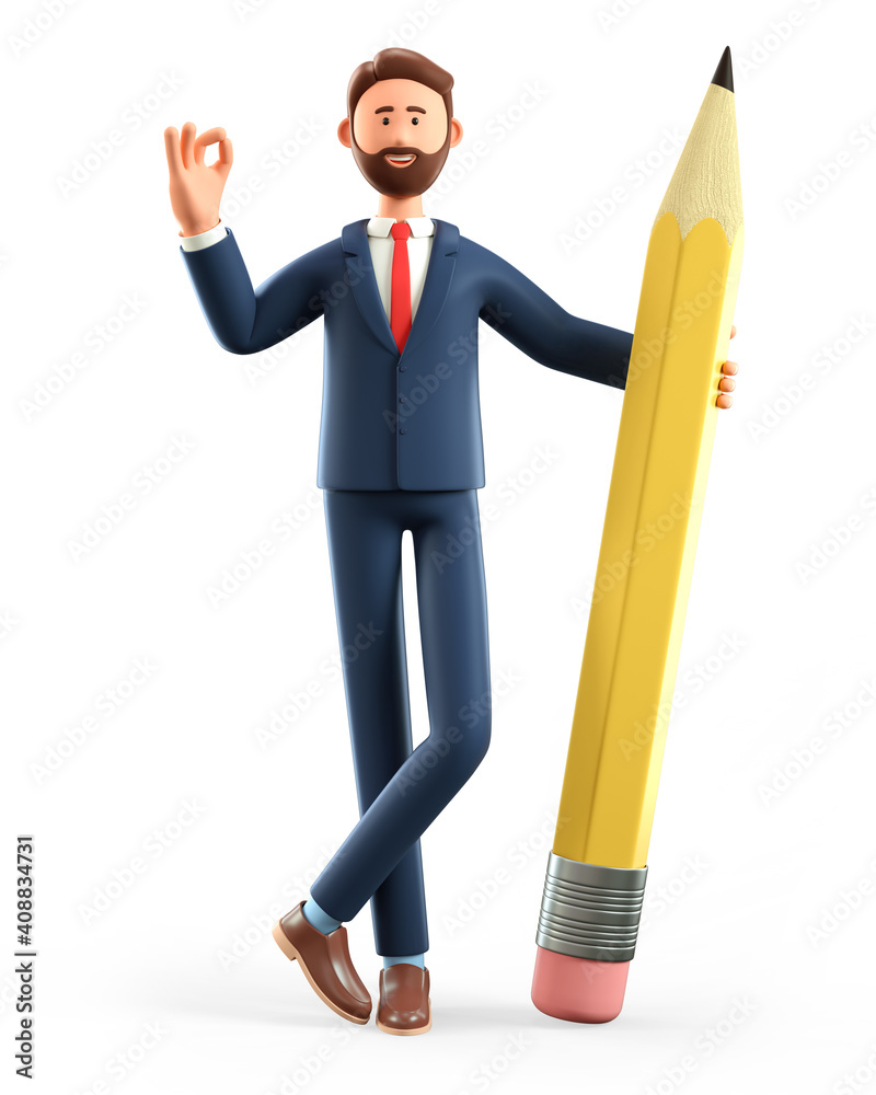3D illustration of smiling creative man holding big pencil and showing