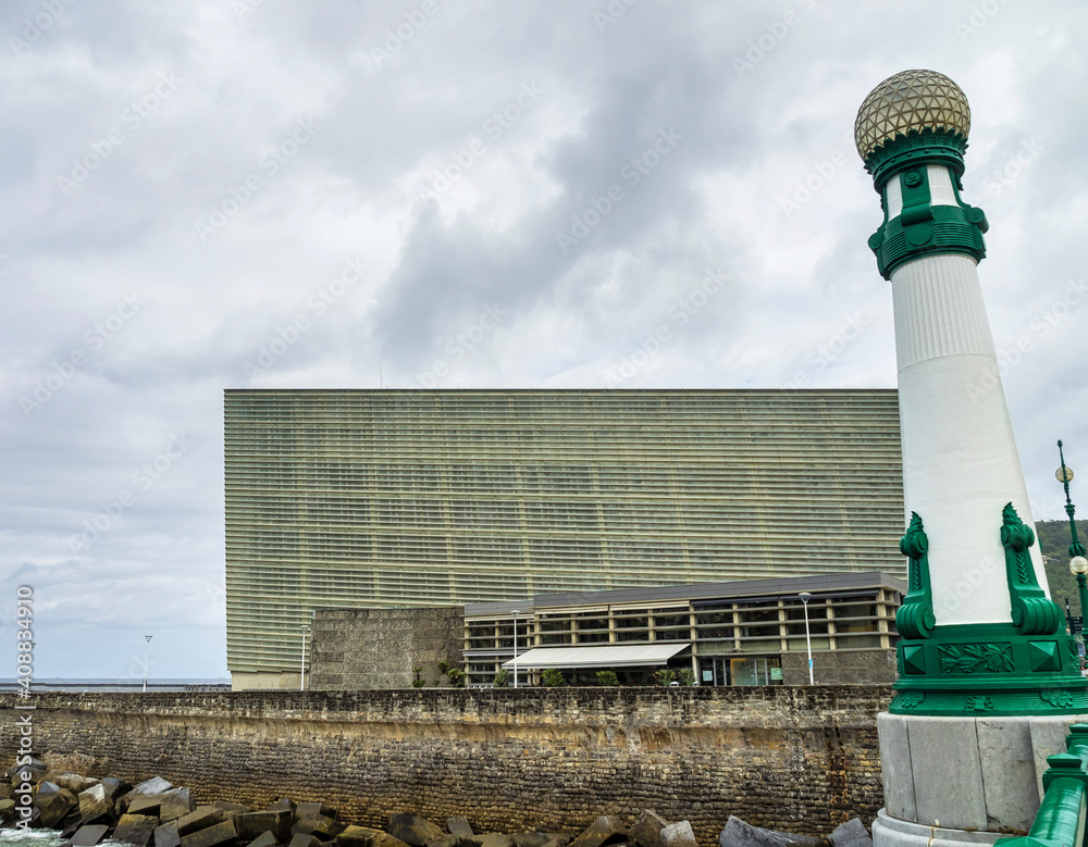 Obraz premium View of Sant Sebastian. Zurriola bridge over Urumea river and Kursaal Congress Centre, Donostia, Spain