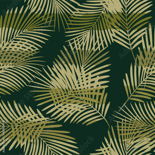 Tropical pattern, palm leaves seamless vector floral background. Leaves of palm tree on paint lines. Exotic plant on stripes. Summer nature jungle print. brush strokes print