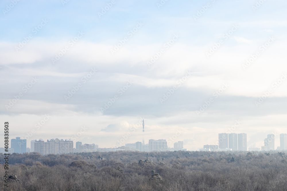 view of forest and city on horizon in cold winter morning