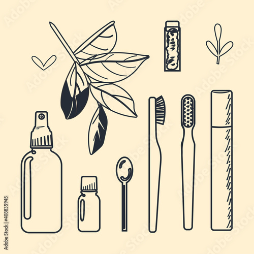 A set of accessories for oral hygiene with a waste-free lifestyle. Vector illustration in a line drawing style.
