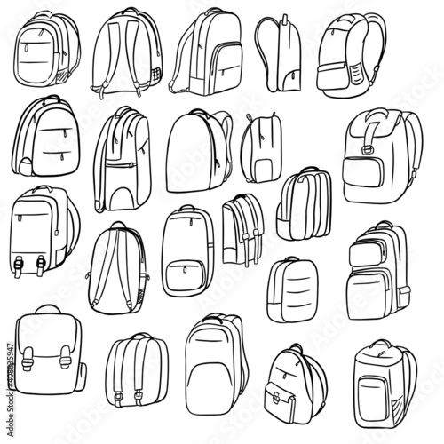 vector set of 22 backpacks in doodle style