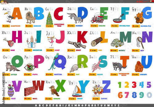 alphabet with cartoon characters and objects educational set