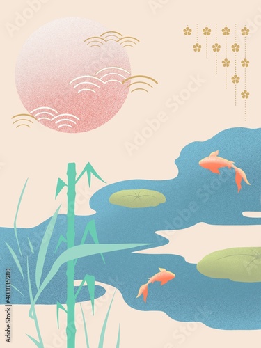 Japanese classic art background template. Asian oriental drawing. Lake, koi fish and bamboo. Sun and traditional japanese and chinese pattens and ornaments. Edo period japanese painting 