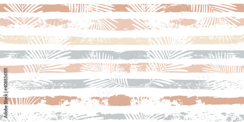 Tropical pattern, palm leaves seamless vector floral background. Exotic plant on beige stripes print illustration. Summer nature jungle print. Leaves of palm tree on paint lines. ink brush strokes