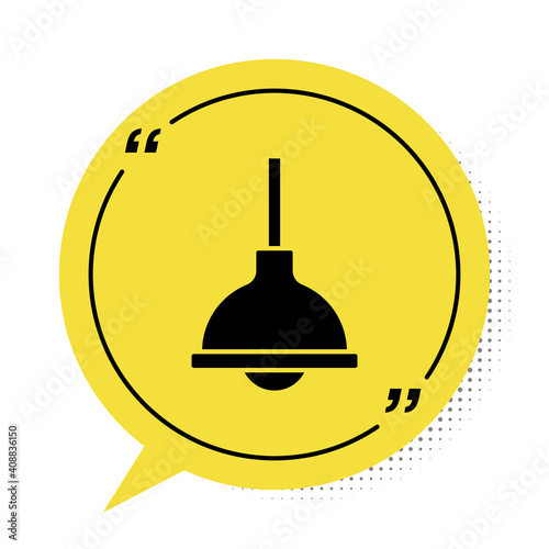 Black Lamp hanging icon isolated on white background. Ceiling lamp light bulb. Yellow speech bubble symbol. Vector.