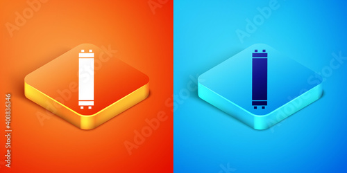 Isometric Long luminescence fluorescent energy saving lamp icon isolated on orange and blue background. Vector.