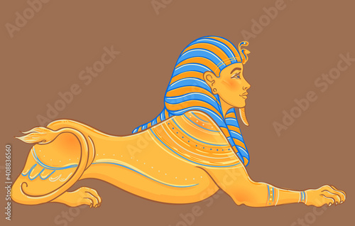 Sphinx, Egyptian mythical creature with head of human, body of lion and wings. Hand-drawn vintage vector outline illustration. Tattoo flash, t-shirt or poster design, postcard. Egypt history.