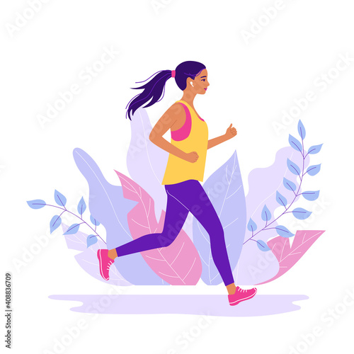 Young woman jogging. Active healthy lifestyle concept, running, city competition, marathons, cardio workout, exercise. Isolated vector illustrations for flyer, leaflet, advertising banner