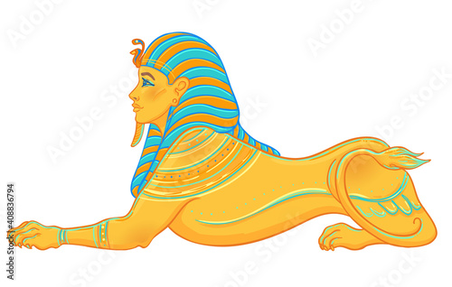Sphinx, Egyptian mythical creature with head of human, body of lion and wings. Hand-drawn vintage vector outline illustration. Tattoo flash, t-shirt or poster design, postcard. Egypt history.
