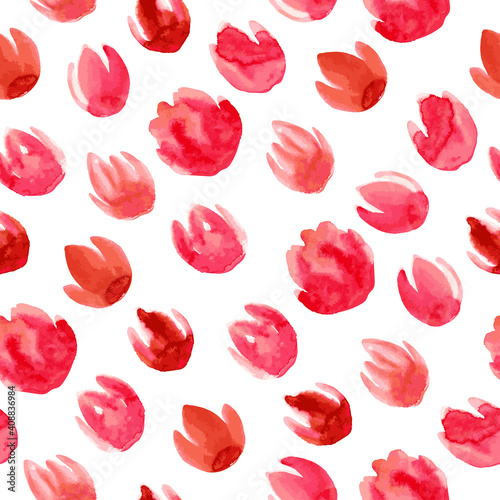 Tulips. Watercolor flower buds. Seamless pattern on a white background. Airy, botanical, natural, bright, festive, feminine pattern. For printing and design on fabric, clothing, paper, objects.