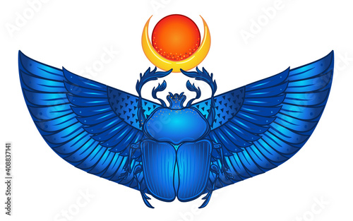 Scarabaeus sacer, Dung beetle. Sacred symbol of in ancient Egypt. Fantasy ornate insects. Isolated vector illustration. Spirituality, occultism, chemistry, occult sun tattoo.