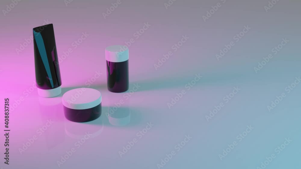 Neon color cosmetic tube and jars isolated on white background with empty space for text. 3D rendering motion animation of pharmacy and cosmetic products. Neon color cosmetic tube and jars isolated on white background with empty space for text. 3D rendering motion animation of pharmacy and cosmetic products.