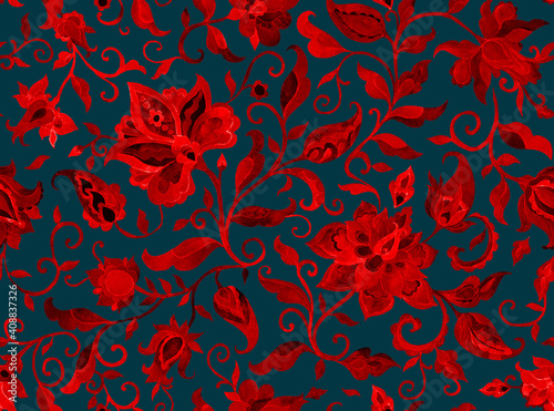 Paisley watercolor floral pattern tile: flowers, flores, tulips, leaves. Oriental indian traditional hand painted water color whimsical seamless print, ceramic design. Abstract india batik background