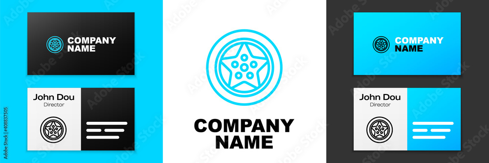 Fototapeta premium Blue line Car wheel icon isolated on white background. Logo design template element. Vector.