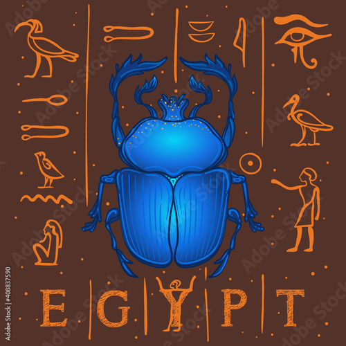 Scarabaeus sacer, Dung beetle. Sacred symbol of in ancient Egypt. Fantasy ornate insects. Isolated vector illustration. Spirituality, occultism, chemistry, occult sun tattoo.