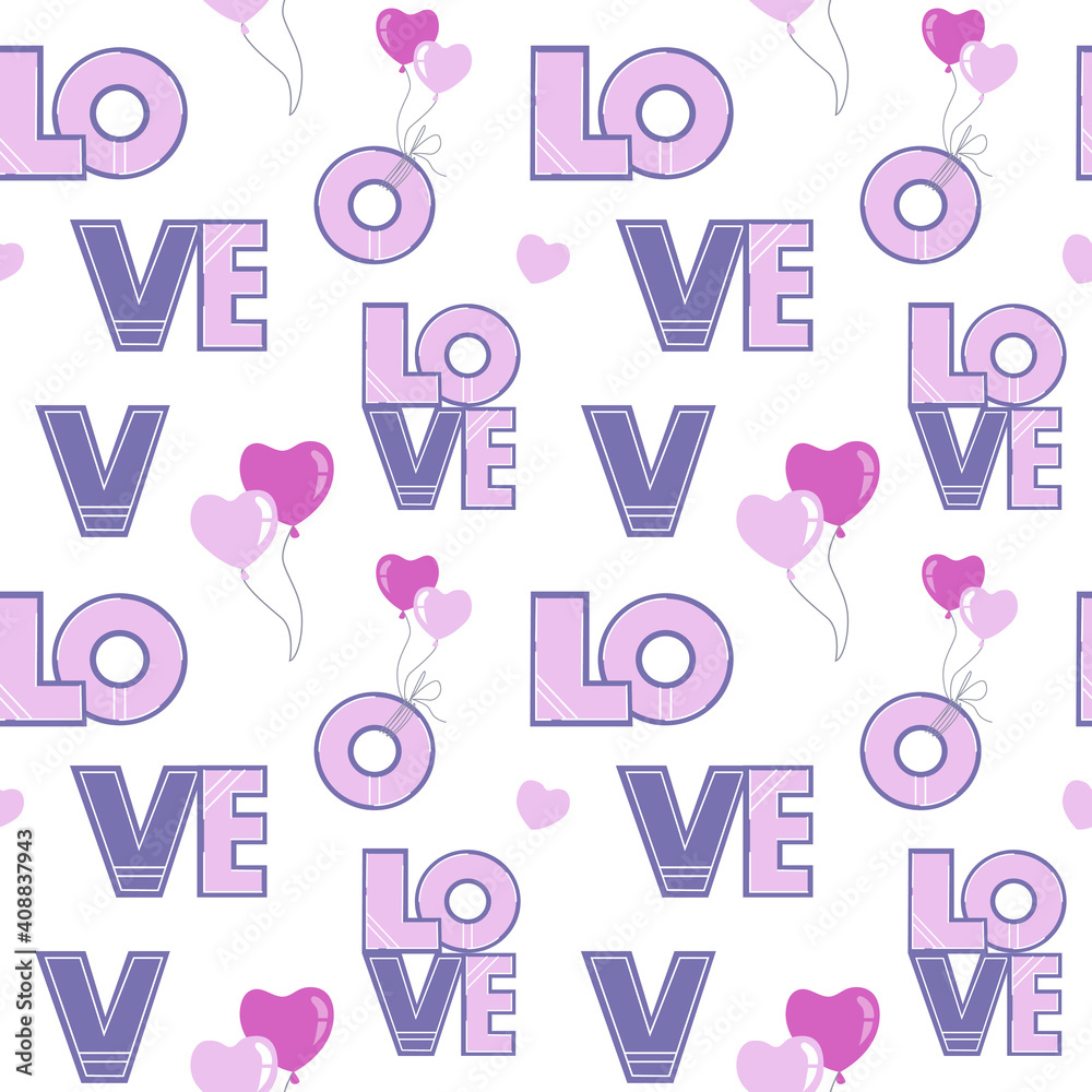 Romantic wallpaper. Vector seamless pattern with letters of word love and heart balloons. 